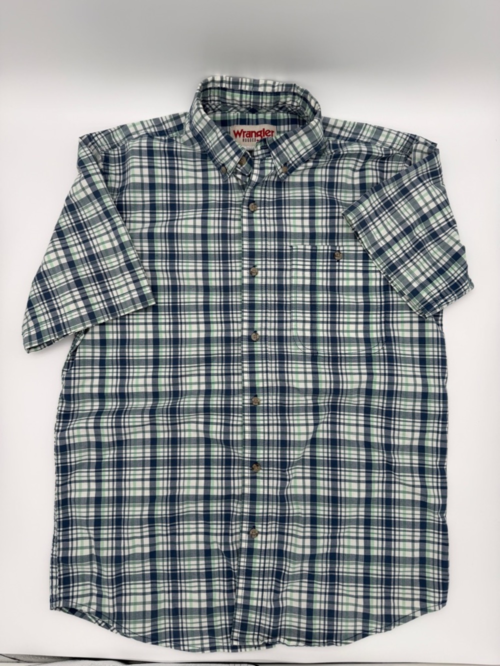 Wrangler Blue Green Plaid Short Sleeve Button-Up Shirt